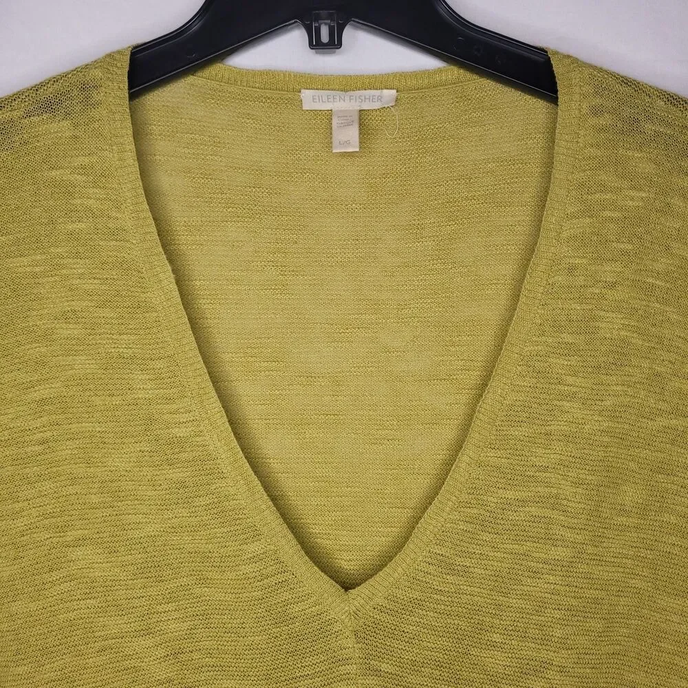 Eileen Fisher Sweater Large Green Organic Linen/Cotton V Neck